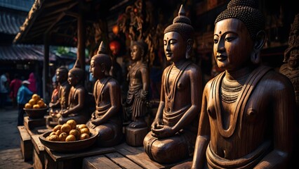 Wooden Buddha statue marketplace : buddha wooden statue at traditional market place - obrazy, fototapety, plakaty