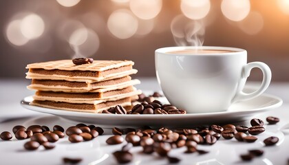 Wafer with coffee flavored cream in white plate with cup and coffee bean background

