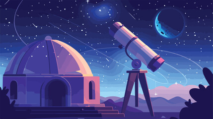 Telescope sits in an open observatory dome. Stars plan - obrazy, fototapety, plakaty