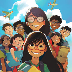 International Youth Day Watercolor illustration with young people of various ethnicities celebrating Youth day 