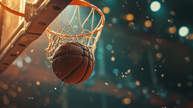 Basketball ball entered in the basket touching the net. Playing in the street on outdoor court, close up