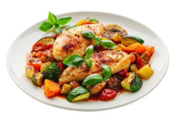 Plate with fried chicken breast served with ratatouille vegetables and tomato sauce
.isolated on white background