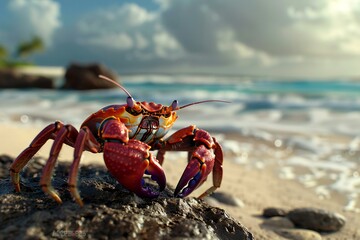 Red crab on the beach in Seychelles, Mahe - obrazy, fototapety, plakaty
