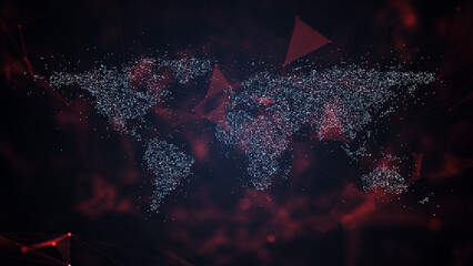 Virtual detailed world map illustration. Abstract red and black triangle background.