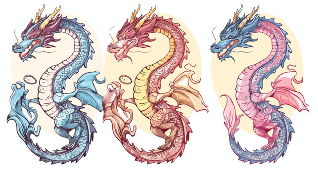 Three Four Dragons. Mythological creatures. Zodiac sig