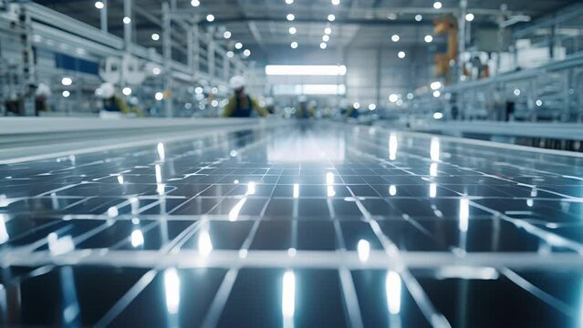 A hightech solar panel production facility with rows upon rows of shiny advanced machinery. Workers in protective gear are seen monitoring . .