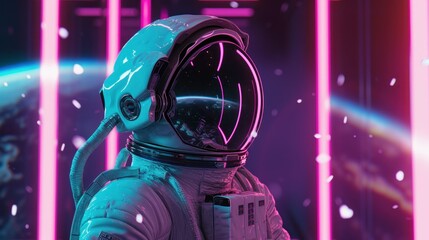 Astronaut at the spacewalk on the moon. Neon light with reflections in the glass of the suit