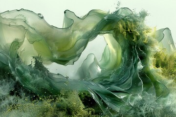 Abstract background with green and yellow watercolor splashes,  Alcohol ink in water