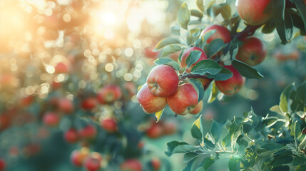 Ripe apples growing on a branch with green leaves in the garden. Sunny day. Bokeh effect. AI...