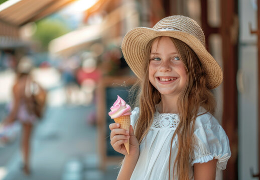 A happy little girl in summer with a hat eats ice cream on the street, depicting a summer vacation concept