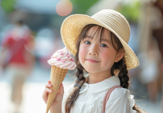 A happy little girl in summer with a hat eats ice cream on the street, depicting a summer vacation concept