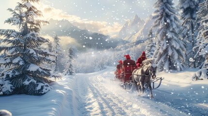 A horse-drawn sleigh gliding through a snow-covered landscape, its passengers bundled up warmly as they enjoy a magical holiday ride. 8k, realistic, full ultra HD, high resolution, and cinematic - obrazy, fototapety, plakaty