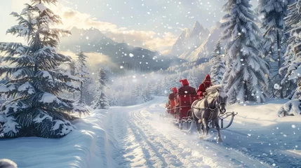 Fotobehang A horse-drawn sleigh gliding through a snow-covered landscape, its passengers bundled up warmly as they enjoy a magical holiday ride. 8k, realistic, full ultra HD, high resolution, and cinematic © Amer