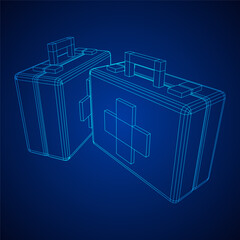 Suitcase of medical aid. Med kit symbol of emergency assistance with cross first aid equipment and treatment. Wireframe low poly mesh vector illustration