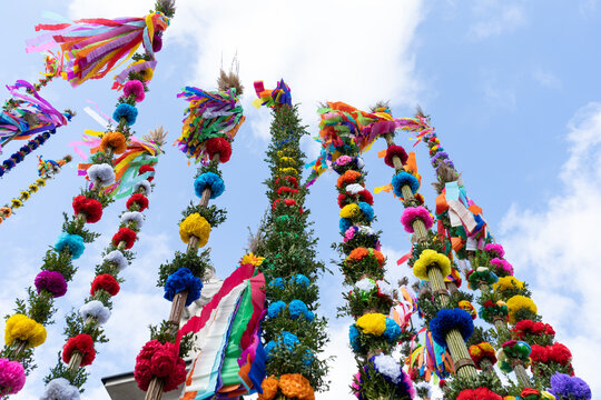Traditional Polish Easter palms during Easter palm contest. Jarmark wielkanocny in Poland. Palma wielkanocna on a Palm Sunday.