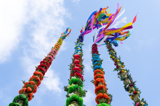 Traditional Polish Easter palms during Easter palm contest. Jarmark wielkanocny in Poland. Palma wielkanocna on a Palm Sunday.