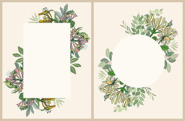 Set of Colorful frame borders with honeysuckle blooming meadow flowers and eucalyptus leaves. Natural background with a place for text. Elegant floral cards. Vector illustration in hand drawn style.