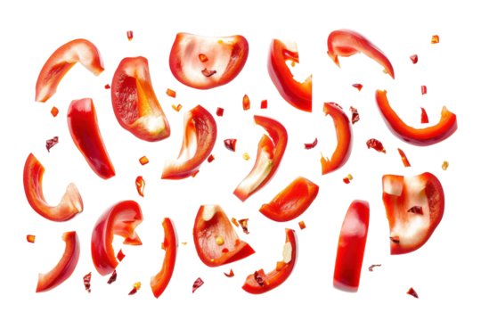 Set of slices of red pepper drops on a white background. Paprika flying in air
.isolated on white background