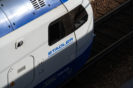 PKP Intercity Stadler Flirt 3 ED160 passenger multiple unit trainset. Polish state railways long-distance express train at Krak&oacute;w, Cracow Main Railway Station on March 16, 2024 in Krakow, Poland. 