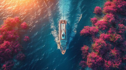Overhead shot of a ship with flowers, a visual symphony amidst the dance of hot and cold waters.