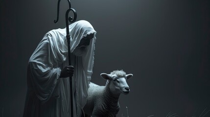 a pure white lamb standing next to a biblical looking shepherd in a white rob holding a staff,  ead idul adha, generative ai - obrazy, fototapety, plakaty