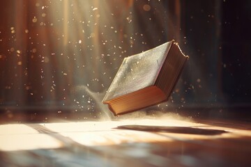 Levitating flying book in a sunlit room, surrounded by floating dust particles and soft shadows