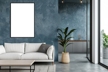 Modern design interior with a sofa, blank poster on a textured blue wall, plant in a wicker pot, and large window, home concept. Generative AI