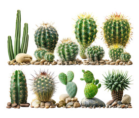 Assorted cacti and succulents with different textures isolated on transparent background