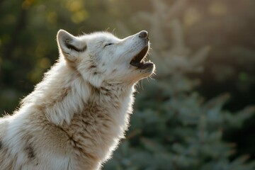Portrait of a wolf howling in the sunset light,  Close up