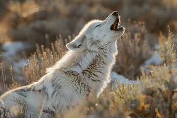White wolf in the desert at sunset, close-up portrait
