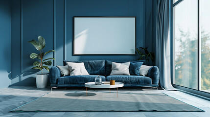 Modern interior with a blue sofa, blank poster on the wall, large window, and indoor plant, concept of home decor. Generative AI