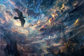  rendering of a fantasy landscape with a raven flying in the sky - obrazy, fototapety, plakaty