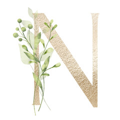 Gold letter N with watercolor leaves, leaf. Floral alphabet, golden monogram initial perfectly for birthday, wedding invitations, greeting card, logo, poster and other design. Hand painting.