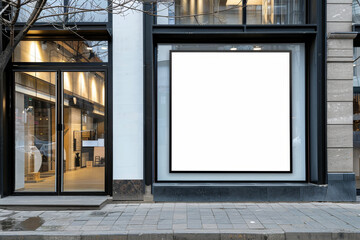 A blank billboard on the modern building facade on a city street, concept of advertising space, Generative AI.