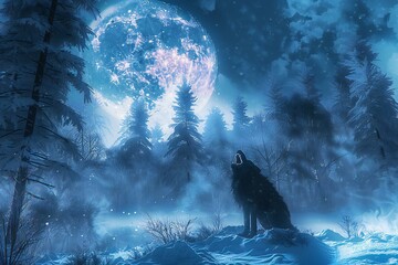 Wolf in the winter forest with full moon,   illustration - obrazy, fototapety, plakaty