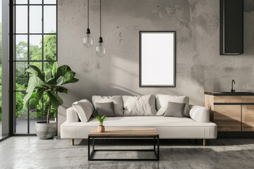 A modern living room interior with a blank poster on the wall, comfortable sofa, pendant lights, and a large plant on concrete background. Generative AI