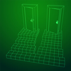 Stairway path to open door. Steps leading into the future concept. Wireframe low poly mesh vector illustration
