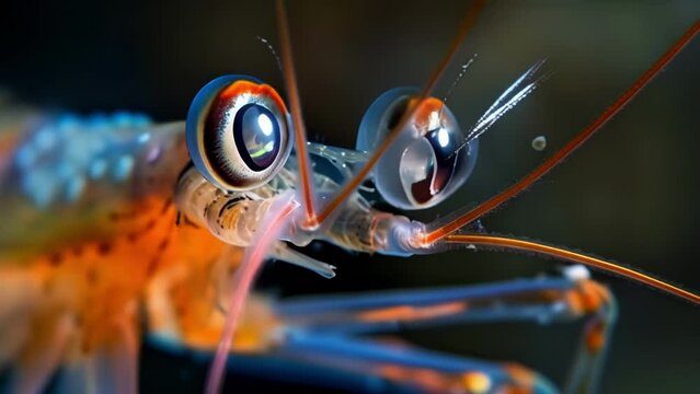 A microscopic giant krill a key food source for many marine animals with its intricate body structure and prominent eyes that seem . AI generation.