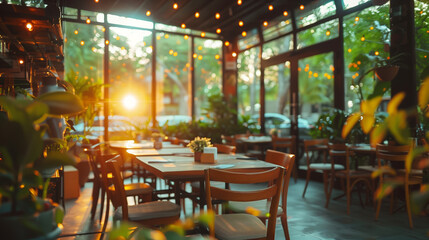 An empty cafe interior during sunset with warm lighting, wooden furniture and green plants, conveying a cozy atmosphere, Generative AI.