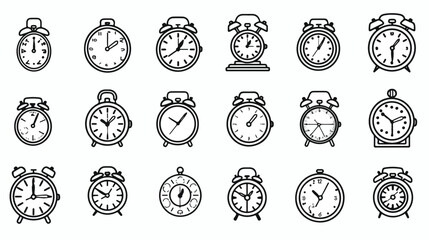 Types of alarms clocks timers and watches set. Thin li - obrazy, fototapety, plakaty