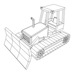 Big front-end loader bulldozer. Heavy equipment machine and manufacturing equipment for mining. Wireframe low poly mesh vector illustration.