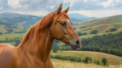 Close-up of a chestnut horse with a natural landscape backdrop, conveying a sense of rural tranquility. Generative AI