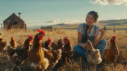 Fotobehang The shot captures a happy young farmer sitting in a field, feeding her flock of chickens with a smile on her face © shaiq
