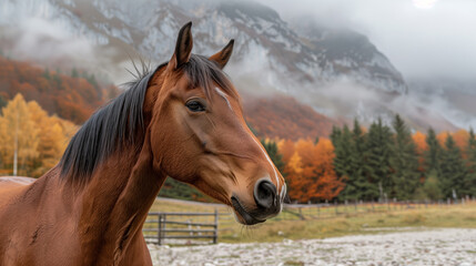 Fototapeta premium A brown horse in foreground with autumn trees and mountainous background, evoking a serene natural setting. Generative AI