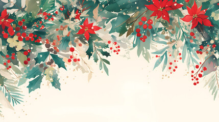 Fototapeta premium Watercolor Christmas card border with winter foliage, holly berry, poinsettia christmas star flower. Simple art design, Copy space for text.