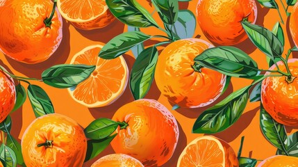 Citrus pattern of tangy mandarins on a vibrant orange background, depicted in a pop art style