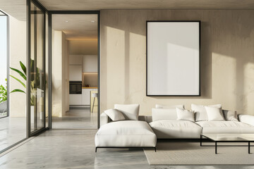 Naklejka premium A modern living room with a white sofa, coffee table, and blank poster on the wall in a bright interior, Generative AI.