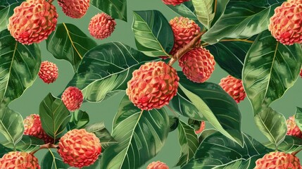 Exotic lychee shapes unfurl organically in rustic tropical hand-drawn patterns stretching across rich emerald green illustrative canvas.