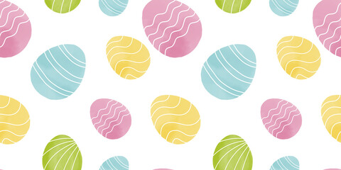 Cute illustration with colorful Easter eggs with watercolor texture, spring banner
