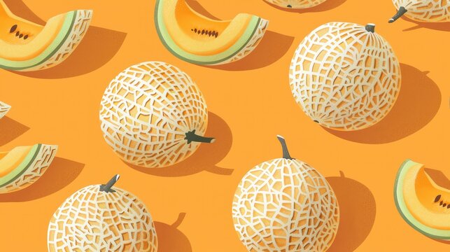 Refreshing pattern of juicy cantaloupes on a soft orange background, portrayed in a retro-inspired style.